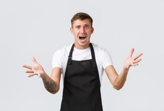 employees grocery stores coffee shop concept shocked barista facing disaster run out ice summer panicking screaming anxious spread hands sideways explain problem