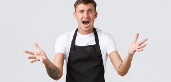 employees grocery stores coffee shop concept shocked barista facing disaster run out ice summer panicking screaming anxious spread hands sideways explain problem
