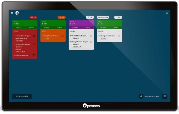 Epos Now Kitchen Display Screen displaying orders with timers