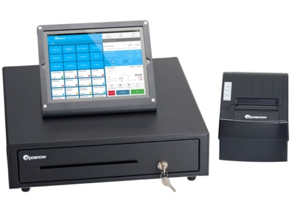 An Epos Now tablet system consisting of an iPad in a stand, a cash draw, and a receipt printer 